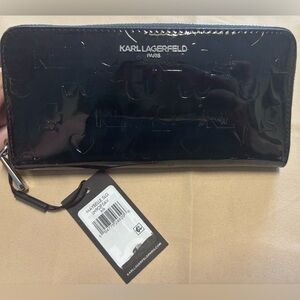 NEW Karl Lagerfeld Paris Glossy Black Embossed Wallet Heart Eiffel Tower
